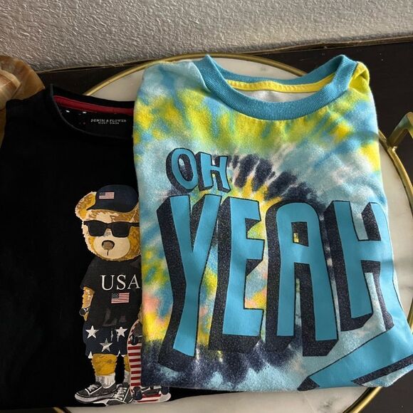 Kids 2 T Shirts Graphics ‘Bear’ Tye Dye ‘Oh Yeah’ Black Blue Green 5/6, 7 - Picture 2 of 4